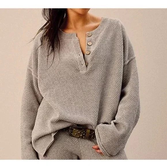 Free People Beach Sweaters - Free People Beach Hailee Gray Cotton Henley Textured Oversized Sweater M